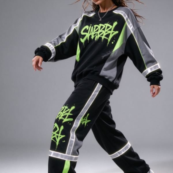 Loose-fit Street Dance Set (Graffiti Print / Reflective Strips)