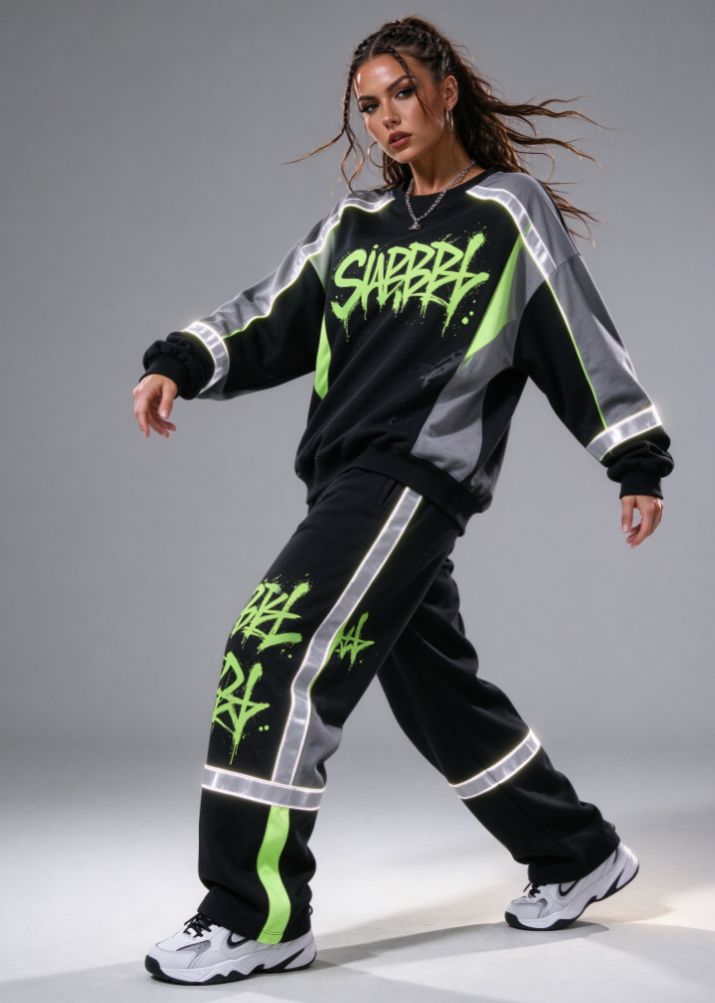 Loose-fit Street Dance Set (Graffiti Print / Reflective Strips)